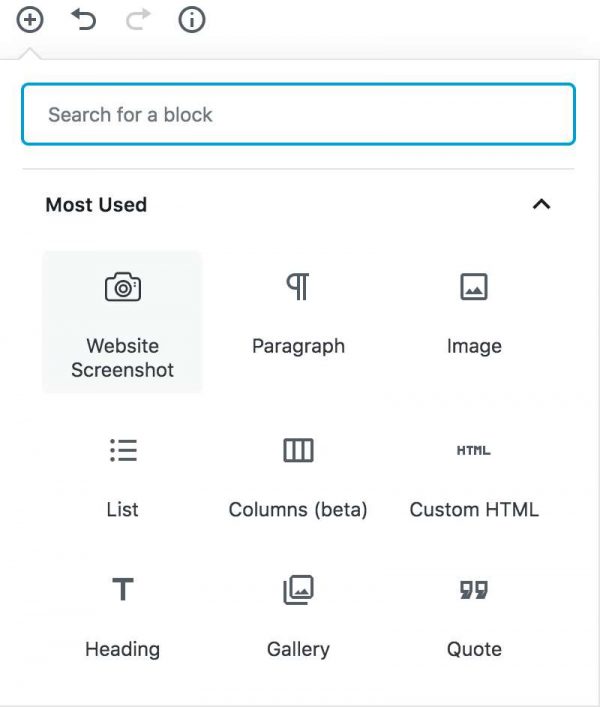 Website screenshot blocks for Gutenberg